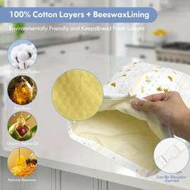 SRRUI Reusable Bread Bags for Homemade Bread，Natural BeesWax & Organic Cotton，Shoulder-Carryable，Bread Keeper for Sourdough，Food/Bread Storage，with Free Baguette Bag