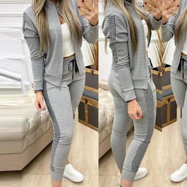 amropi Women's Tracksuit Sets Plaid Print Outfits Zipper Sweatshirt and Jogging Pants Sweatsuits Grey, M
