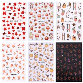 Maple Leave Nail Art Sticker Decals, Fall Pumpkin Maple Leaves Nail Stickers 6PCS Autumn Nail Decals for Nail Art Colorful Leaves Design Nail Supplies Elegant Self Adhesive Decals for Women Nail Decor