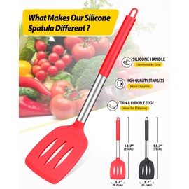 Pack of 2 Silicone Slotted Spatula, Non Stick Kitchen Turners, High Heat Resistant BPA Free Kitchen Utensils, Ideal Cookware for Fring Fish, Eggs, Meat,French Fries (Black-Red)