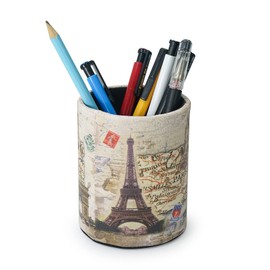 DreamsEden Vintage Pen Pencil Holder Cup Retro Desk Organizer for Home Office Living Room (Beige Paris Eiffel Tower Round)