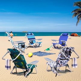 Canpsky Canpsky Portable Beach Chair for Adults, Outdoor Camping Chair Lay Flat Folding Backpack Beach Reclining Chair with 4 Positions, Headrest, Cooler Pouch, Cup Holder, Blue