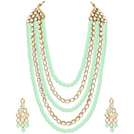 Aheli Kundan Pearl - Juego de collar y pendientes largos de varias capas, joyería de boda india para mujer (menta)