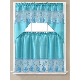 YHSF 3 Piece Rod Pocket Embroidered Kitchen Window Curtain Set 2 Tiers and 1 Valance Included (Turquoise Flower)