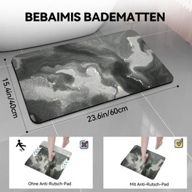 Bebaimis Non-Slip Bath Mat, Shower Mat, Non-Slip, Bathroom Rug, Absorbent Bath Mat, Non-Slip Washable, Non-Slip Bath Mat, 40 x 60 cm, Grey, Marble