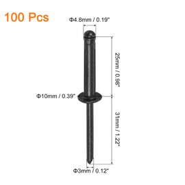uxcell 100Pcs 3/16"x1" Aluminum Round Head Tri Grip Rivets, Tri Grip Rivets Assortment Bulb Style Rivets for DIY, Sheet Metal, Automotive Repairs, Furniture, Marine Boat (Black)