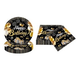 Black & Gold Happy Birthday Party Plates and Napkins - Classic Birthday Decorations for Women Boys & Girls - Elegant Party Tableware Set Included 20 Plates & 20 Napkins 丨 Serves 20 Guests