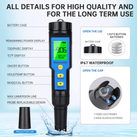 Homcoice PH Meter 4 in 1 TDS EC Temperature, pH Value Tester IP67 Waterproof Pool pH Meter 0.01 High Precision Digital Water Tester Drinking Water with ATC Function