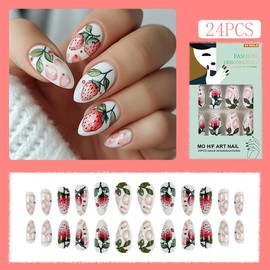 Almond Press on Nails White Acrylic Fake Nails with Cute Strawberry Designs Medium Length False Nails Spring Summer Nails Glossy Reusable Artificial Glue on Nails for Women Girls 24Pcs