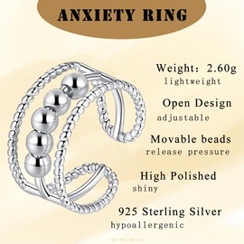 Kamise Silver Anxiety Ring for Women, 925 Sterling Silver Fidget Ring with 5 Worry Beads, Adjustable Open Stress Relief Ring, Silver Anti-Anxiety Ring, Fashion Anxiety Relief Gifts with Gift Box