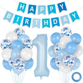 Baby 1st Birthday Decoration, Happy Birthday Banner with 40 Inch Foil Number 1 Balloons, Blue White Confetti Latex Balloons for Baby Girl Boy 1 Year Old Birthday Party Supplies (Blue)