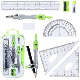 Yunqing 10 Pieces Math Geometry Kit Set with Shatterproof Storage Box,Student Supplies Includes Rulers,Protractor,Compass,Pencil Sharpener,Lead Refills,Pencil,Eraser for School and Drawings,Green