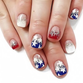 Independence Day Press on Nails Short, Square False Nails Red White and Blue Patriotic Fake Nails 4th of July Stars Full Cover Stick on Nails Glitter Acrylic Nails for Women Girls July 4th 24PCS