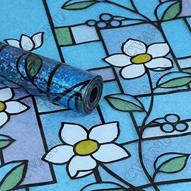 CVANU Privacy Window Film Printed Green Flower Window Frosting Film Window Sticker Frosted Vinyl Sheets for Front Door/Bathroom/Sidelight/Small Windows, 24''x100''