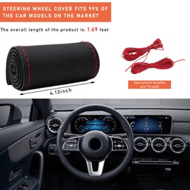 Dickno Car Steering Wheel Cover, Anti-Slip Stitch on Wrap Steering Wheel Protector for Max Diameter 15 Inch, DIY Sewing with Needle Thread, Universal Auto Accessories (Black & Red, Full Hole)