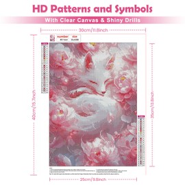 QENSPE 5D Diamond Art Fox, DIY Diamond Painting Kits for Adults, Round Full Drill, Pink Peony Diamonds Dots Mosaic Painting, Crystal Gem Arts Craft for Home Wall Decor 12x16 in