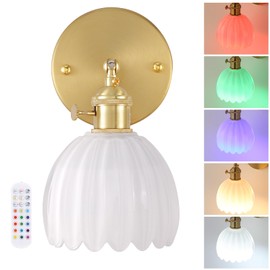 Shenmoyl Vintage Battery Operated Wall Sconce with Cute White Tulip Glass Lampshade Wireless Rechargeable Battery Powered Wall Light with Remote Control for Bedside Bedroom Doorway