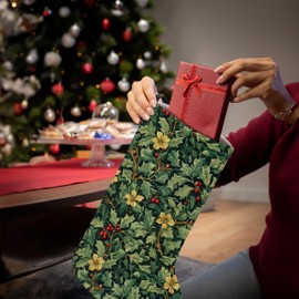 uinwk 16 Inches Green Holly Leaf Floral Christmas Stockings, Rustic Holly Berry Plant Flower Xmas Stockings, Cottagecore Botanical Christmas Socks Decoration