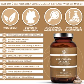QIDOSHA® Auricularia 40:1 Extract Capsules, 180 Pieces in Pharmacist Glass, High-Purity Auricularia Extract with 500 mg per Capsule, of which 50% Mushroom Polysaccharides, 20% Beta-Glucans, Judas Ear