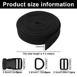 FcaecY 5.4 Metres Nylon Webbing Strap 25mm, Backpack Straps Heavy Duty Black, Strap Adjustable with Clips Buckles for Backpack Dog Collar DIY Craft