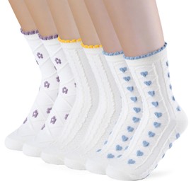 PRAOAHEI Women's Ruffle Socks 6 Pairs Crew / Medium High Premium Cotton Knitted Soft Gift, (cream white flower) blue + purple + yellow