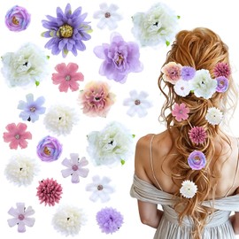 Tyqour 21 Pcs Silk Flower Hair Clips for Girls Aesthetic Flower Hair Accessories Roses Headdress Clips Boho Purple Floral Barrettes for Wedding Accessories Halloween Costumes (Purple and White)