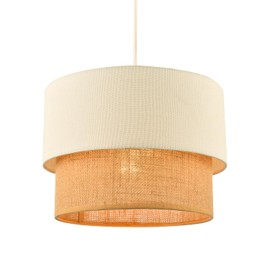 Modern Designer Double Tier Cream Fabric Linen and Natural Rattan Pendant Light Shade | 22cm x 30cm | Chic Style by Happy Homewares