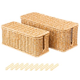 BROWNLILY Cable Management Box, Rattan Style Cord Organizer for Desk Cord Hider Outlet Covers Baby Proofing for Power Strip TV PC Router Charger Under Desk Storage with Lockable Lid and Cable Ties