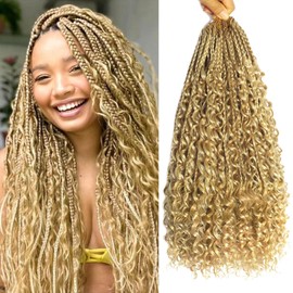 Paraglame 16 Inch Goddess Box Braids Crochet Hair 8 Packs Honey Blonde Boho Box Braids Crochet Hair 3X Bohemian Crochet Braids with Curly Ends for Women (16Inch, 27#)