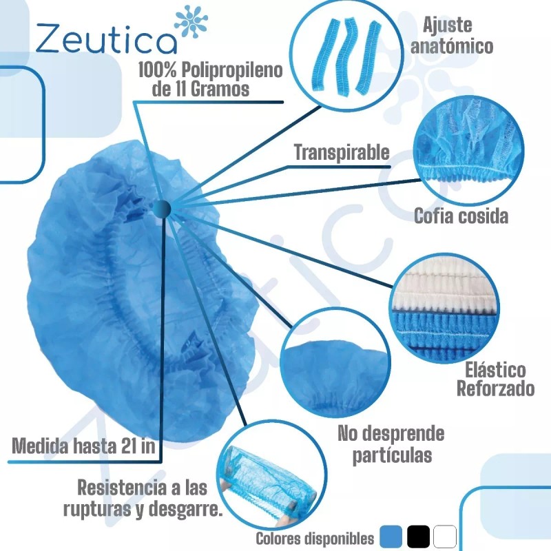 ZEUTICA Cofia Gorro Tipo Gusano/plisada Desechable 100 Pzas
