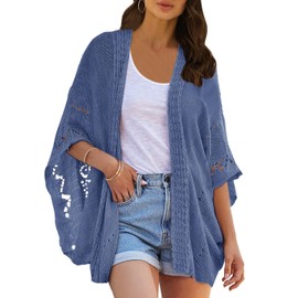 Ermonn Cárdigan de ganchillo para mujer, estilo kimono con parte delantera abierta, manga de murciélago, liso, casual, ligero, ropa exterior, Azul, S