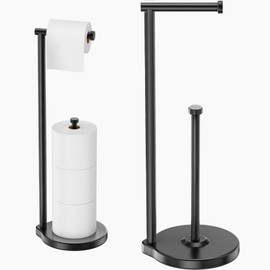 theaoo Heavy-Duty Toilet Paper Holder Stand – Modern Freestanding Bathroom Toilet Tissue Paper Roll Holder with Reserve & Storage, Stainless Steel (Gold, Free Standing)