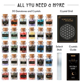 Healing Crystals in Jars 30 PCS - Real Crystals in a Bottle - Crystals for Witchcraft - Altar Witchcraft Stones - Witch Crystal Witchcraft Supplies - Mini Gemstones - Wiccan Supply Tool
