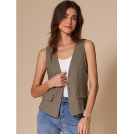 Allegra K Women's Casual Linen Vest Loose Sleeveless Blazer Lightweight Jacket Waistcoat Khaki M