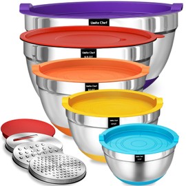 Umite Chef Mixing Bowls with Airtight Lids Set, 8PCS Stainless Steel Nesting Bowls Set, 3 Grater Attachments & Non-Slip Bottoms, Size 5, 4, 3.5, 2, 1.5QT for Baking & Mixing(Colorful)