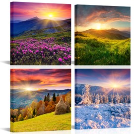 OuElegent 4 Seasons Wall Decor Four Season Mountain Canvas Wall Art Spring Summer Autumn Winter Landscape Picture Prints Framed Modern Artwork For Bedroom Kitchen Living Room 12"x12"x4 Pcs