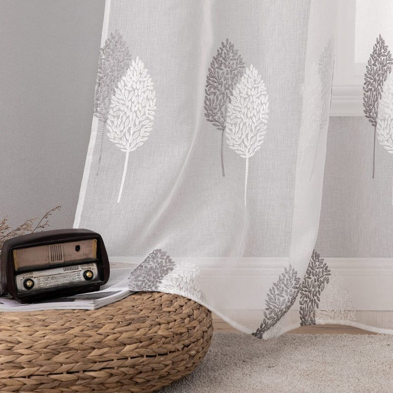 MIULEE Living Room Curtains, Transparent, Beautiful Grey and White Leaves