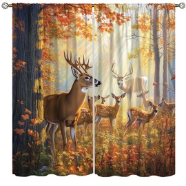 Cortinas de decoración clásico de ciervo rústico para recámara, café de crecimiento antiguo, bosque al atardecer, caza, logia, oso, alce, animales, cortinas de ventana con estampado para niños y