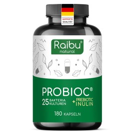 Probioc Kulturen Complex – 25 Bacteria Strains + Inulin – 300 Billion CFU/g – 180 High Dose & Enteric Juice-Resistant Capsules – with Lactobacillus & Bifidobacteria Raibu