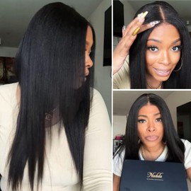 Nadula Yaki Straight Bye Bye Knots Glueless Wig Kinky Edge Hairline 7x5 Pre Cut Lace Front Wigs Human Hair Pre Plucked Pre Bleached 3S Ready to Go Pre Everything Glueless Wig 150% Density 18inch