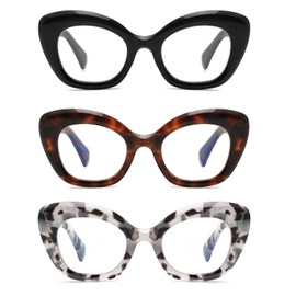 HoouMoou Oversized Cat Eye Reading Glasses for Women, Fashion 3 Pack Computer Blue Light Blocking Glasses Black Retro Style