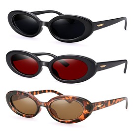 Hycredi Retro Oval Sunglasses for Women Men, Trendy Small Sun Glasses 90s Vintage Cat Eye Shades - 3 Pack (Black/Grey + Leopard/Brown + Black/Red