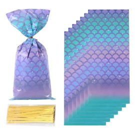 50PCS Mermaid Party Favors Bags Mermaid Party Goodie Candy Bags Wide Bottom Mermaid Cellophane Treat Bags with 50PCS Twist Ties for Mermaid Birthday Girls Party Decoration Supplies