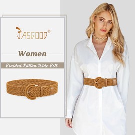JASGOOD Women Braided Rattan Wide Belt Woven Waist Belt With Half-Circle Buckle for Summer Dress Jeans Pants Brown S:Fit Waist Size 31-37 Inches