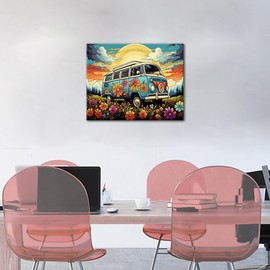 TUMOVO ‌Paint by Numbers for Adults Floral Flower Landscape Art Kit with Tour Bus Outdoor Countryside DIY Canvas Painting for Beginners Stress Relief Wall Decor 16x20 Inch‌