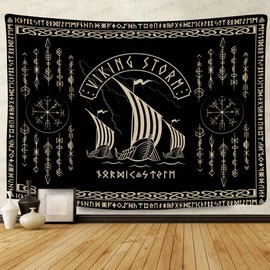 F-FUN SOUL Nordic Vikings Tapestry, Large 80x60inches Soft Flannel, Viking Warship Storm Celtic Rune Scandinavian Aesthetic Mythology Tapestry Wall Hanging for Bedroom Living Room Decor GTZYFS1623