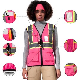 Hi-Vis Pink Reflective Vest for Women with Pockets - Stay Safe on Construction Sites - High-Visibility, Safety, S