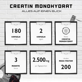 Creatine Ultra Caps – 180 Capsules with 1250 mg of Pure Creatine Monohydrate – Premium: Ultra Fine + Mesh Factor of 200 – High Dose – Laboratory Tested