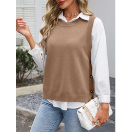 ANRABESS Womens Sweater Vest Summer Sleeveless Crewneck Ribbed Knit Side Button Pullover Tank Tops 2025 Outfits, Brown, Large