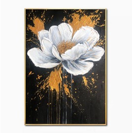 Hand Painted White and Black Floral Bedroom Oil Painting- Gold Framed Flower Living Room Wall Art- 3D Modern Artwork for Study,Kitchen Home Decoration 28x40inches